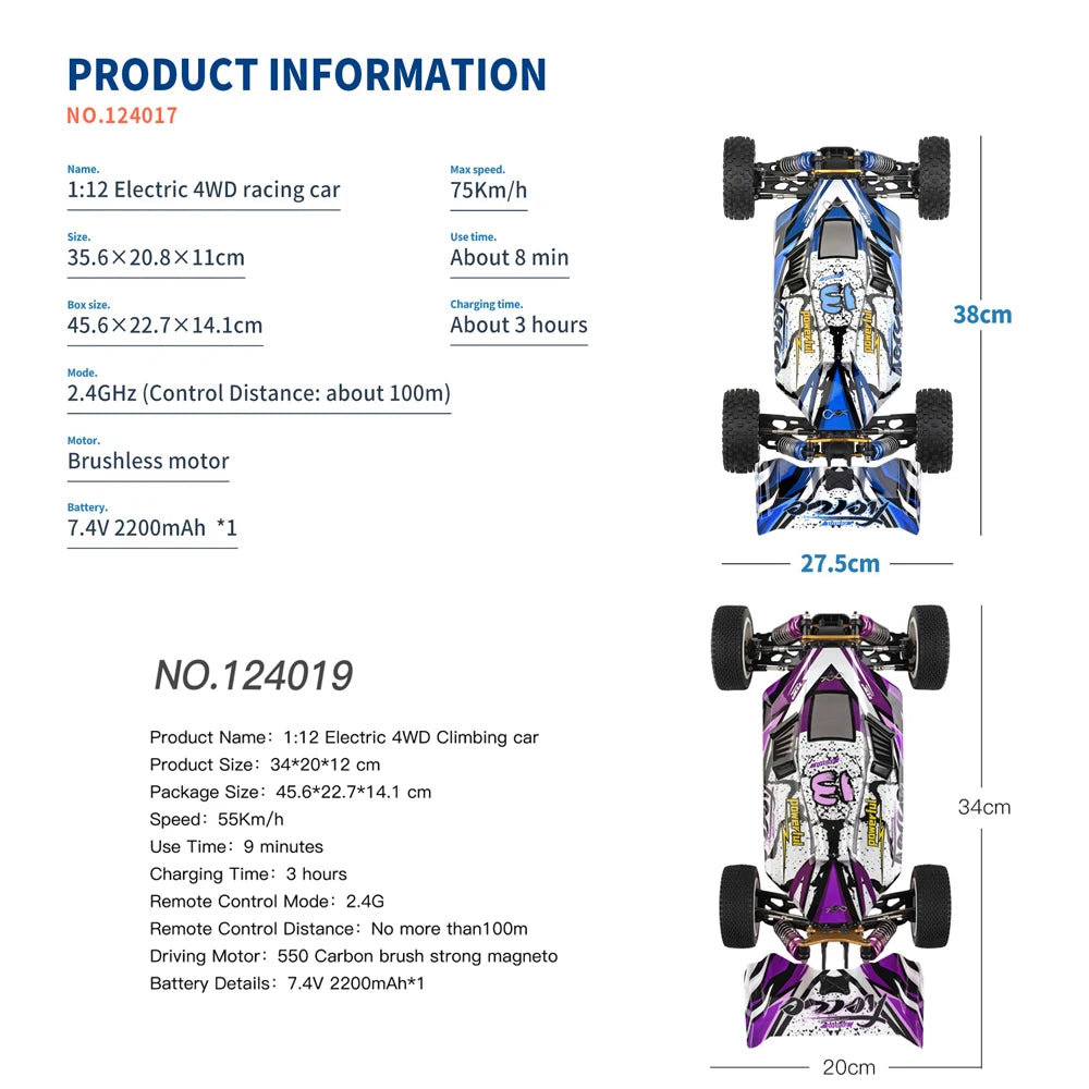 WLtoys 124017 75KM/H 124019 55KM/H 124008 60KM/H 2.4G RC Car Brushless 4WD Electric High Speed Drift Remote Control Toys 3000mAh