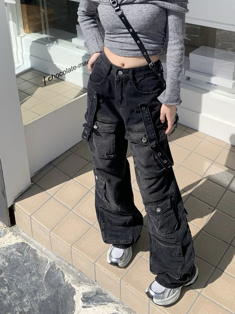 2000S Clothes Y2K Streetwear Washed Black Baggy Cargo Jeans Pants For Women Wide Leg Multi Pockets Straight Loose Lady Trousers