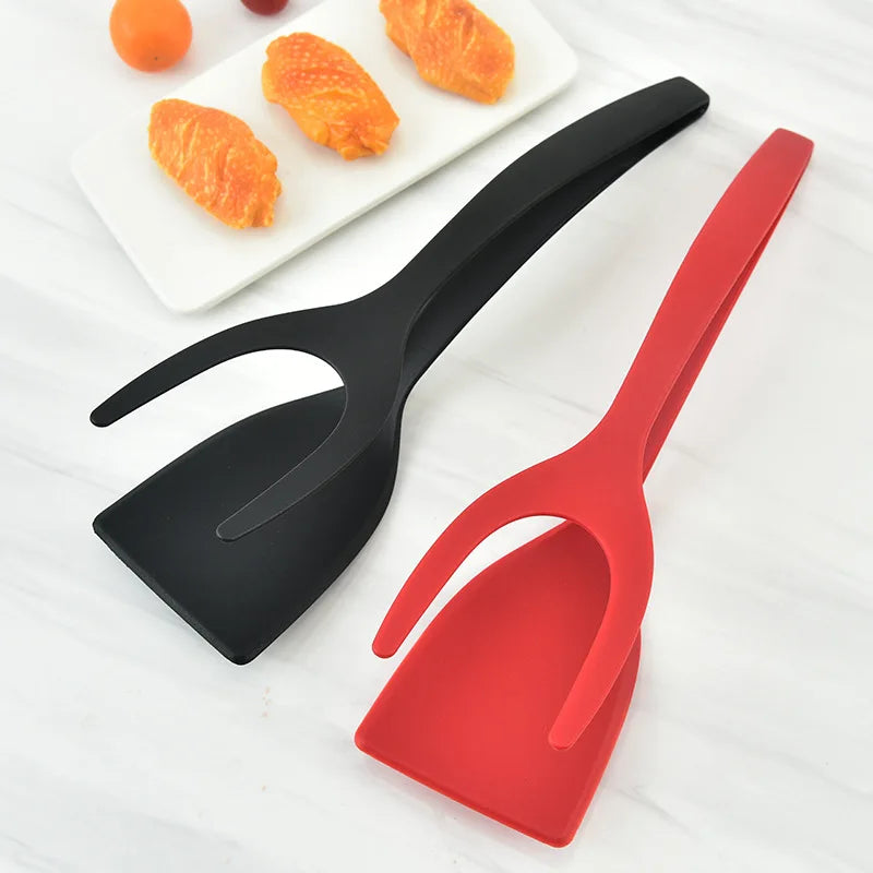 2 In 1 Silicone Grip Flip Tongs Egg Spatula Steak Shovel Clip Clamp Pancake Fried Cooking Tools Egg Turner Clip Kitchen Gadgets