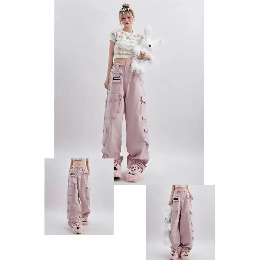 Women's Pink Cargo Pants Vintage Harajuku Y2k Aesthetic Loose Parachute Pants Oversize High Waist Baggy Trousers 2000s Clothes