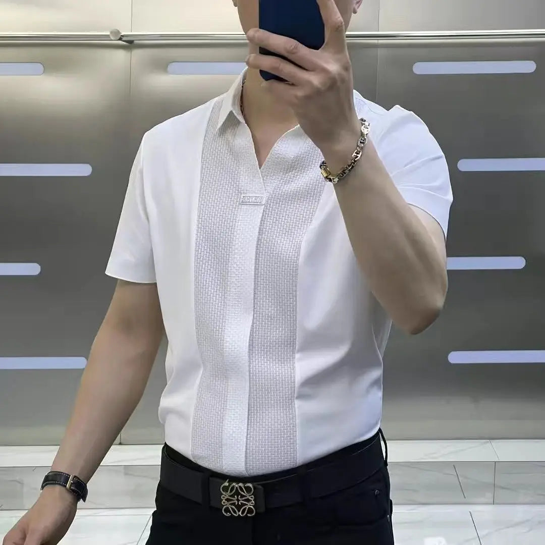 Business Office Casual Men's Polo-Neck Slim Shirt 2023 Trend Korean All-match Patchwork Short Sleeve Shirt Summer Male Clothes