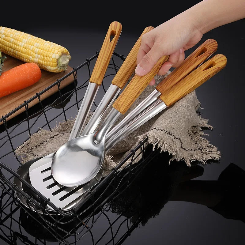 Stainless Steel Cookware Non-stick Pastry Spatula Wooden Handle Soup Ladle Rice Spoon Hot Pot Colander Kitchen Cooking Utensils