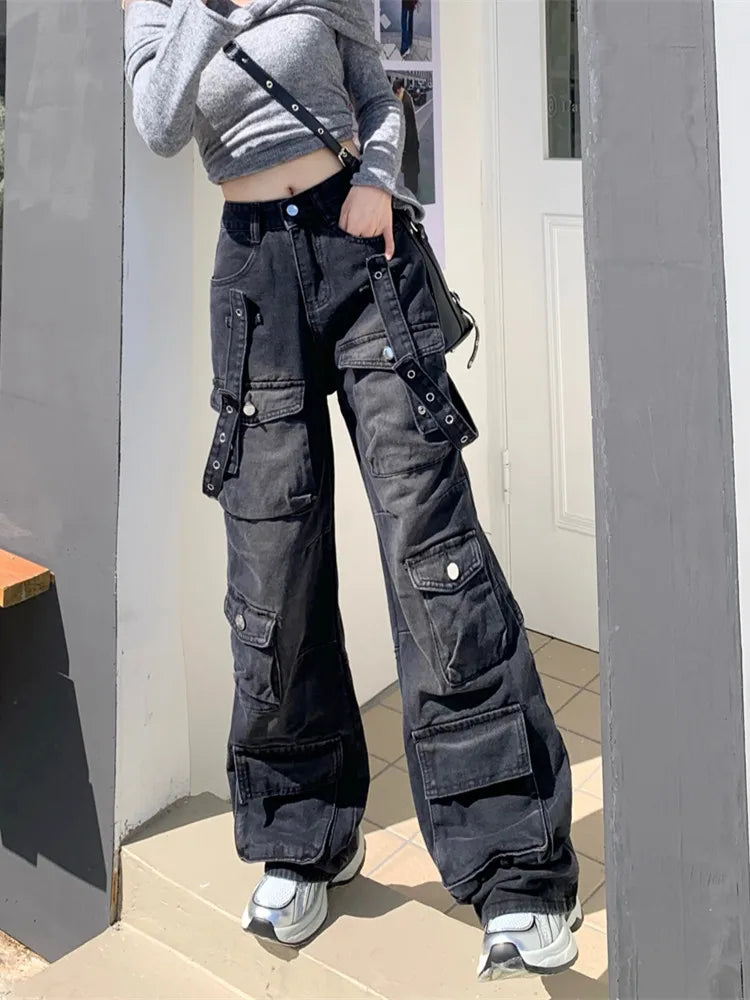 2000S Clothes Y2K Streetwear Washed Black Baggy Cargo Jeans Pants For Women Wide Leg Multi Pockets Straight Loose Lady Trousers