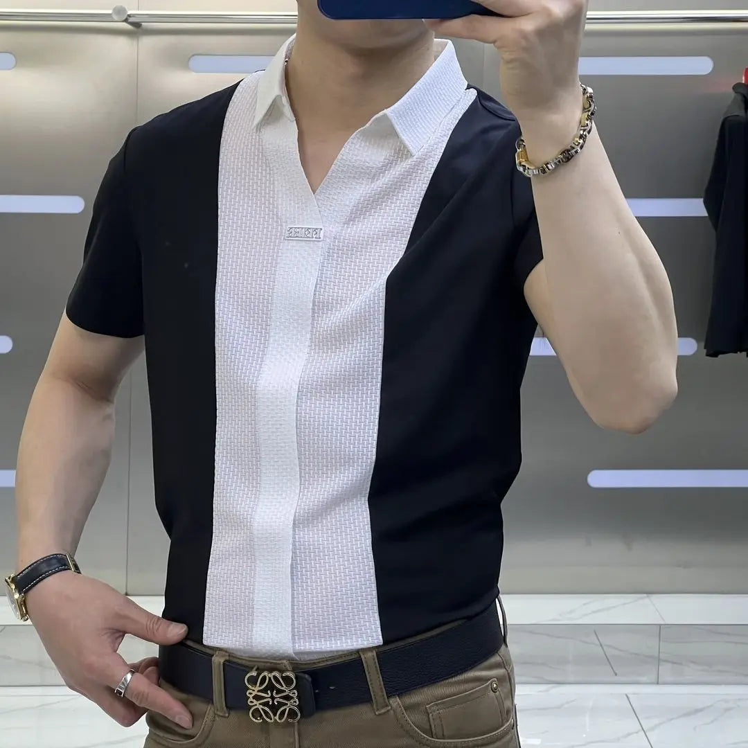 Business Office Casual Men's Polo-Neck Slim Shirt 2023 Trend Korean All-match Patchwork Short Sleeve Shirt Summer Male Clothes