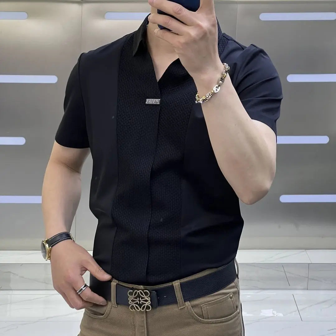 Business Office Casual Men's Polo-Neck Slim Shirt 2023 Trend Korean All-match Patchwork Short Sleeve Shirt Summer Male Clothes