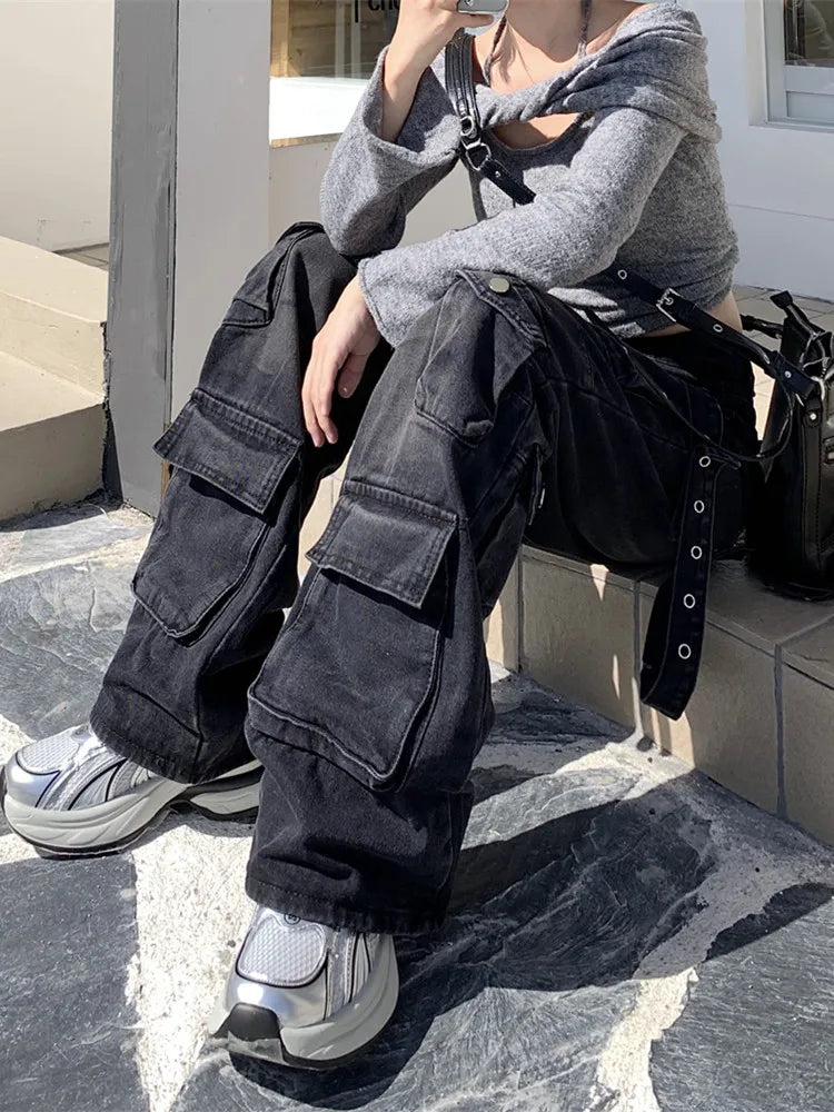 2000S Clothes Y2K Streetwear Washed Black Baggy Cargo Jeans Pants For Women Wide Leg Multi Pockets Straight Loose Lady Trousers