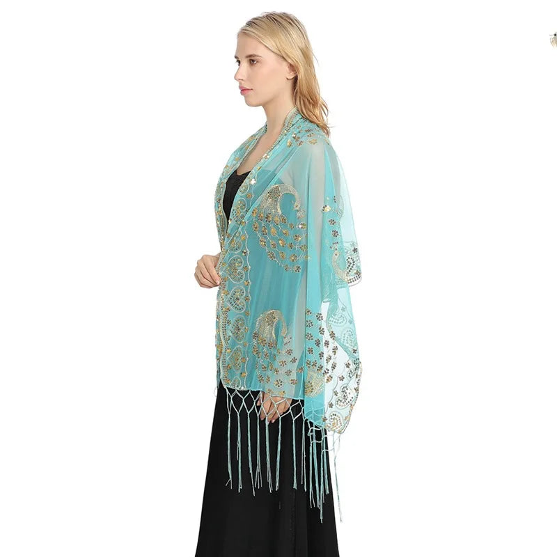 Western Region Style Exotic Style Jasmine Princess Brilliant Head Gauze Ancient Style Peacock Embroidery Sequin Shawl Blue Scarf