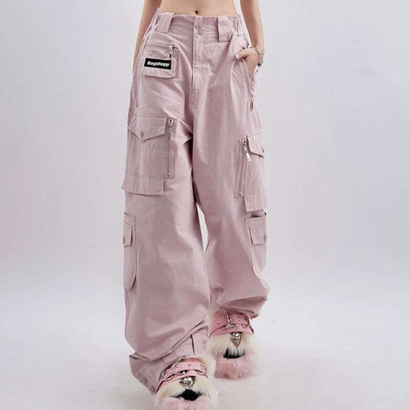 Women's Pink Cargo Pants Vintage Harajuku Y2k Aesthetic Loose Parachute Pants Oversize High Waist Baggy Trousers 2000s Clothes