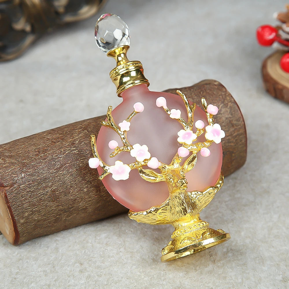 1pc Vintage Perfume Bottle 30ML/1oz Pink Glass 3D Enamel Antlers Plum Blossom Branch Clear Crystal Cap for Cologne Essential Oil