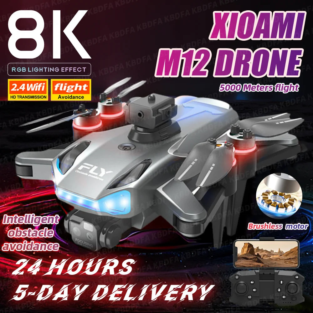 The New M12 RC Drone 8K Brushless Professional Edition Is Equipped With A Wide-angle Three Tracking Camera With 12 Color Lights