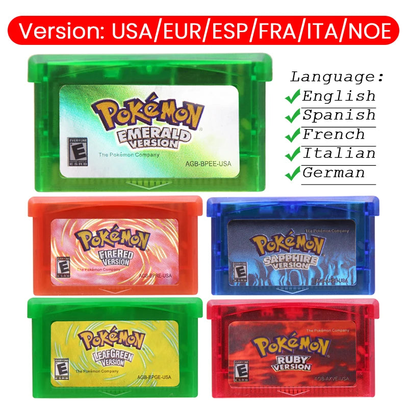 GBA Game Cartridge Pokemon Emerald FireRed LeafGreen Ruby Sapphire Shiny Label Multi-language 32 Bit Video Game Console Card