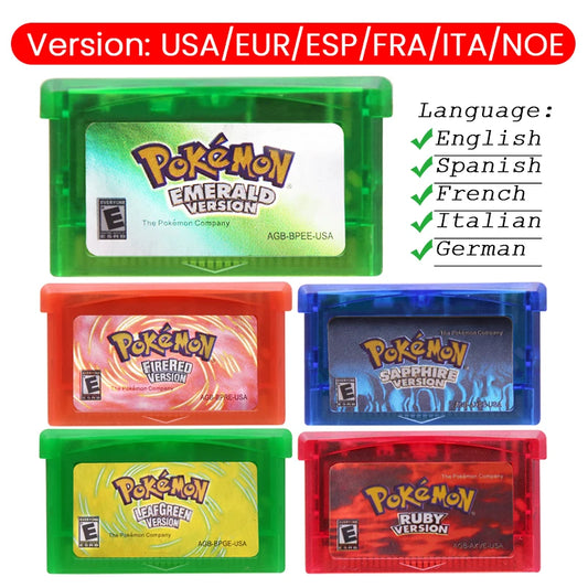 GBA Game Cartridge Pokemon Emerald FireRed LeafGreen Ruby Sapphire Shiny Label Multi-language 32 Bit Video Game Console Card