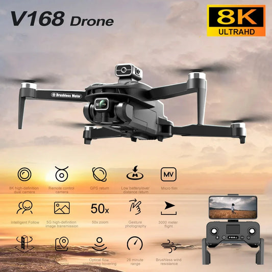 HD V168 MAX PRO Drone GPS 8K HD Camera 5G WIFI FPV Brushless RC Quadcopter Obstacle Avoidance Automatic Return