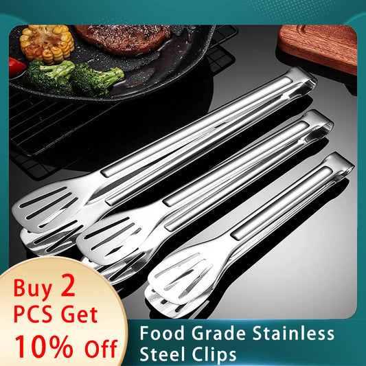 Food Grade Stainless Steel Oil Filtering Food Tongs Heat Resistant Metal Cooking Tongs Frying Grilling Steak Tongs Bread Tongs