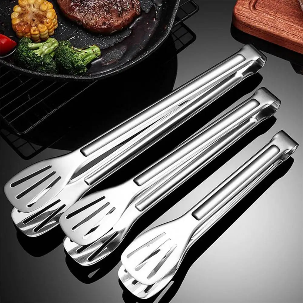 Food Grade Stainless Steel Oil Filtering Food Tongs Heat Resistant Metal Cooking Tongs Frying Grilling Steak Tongs Bread Tongs