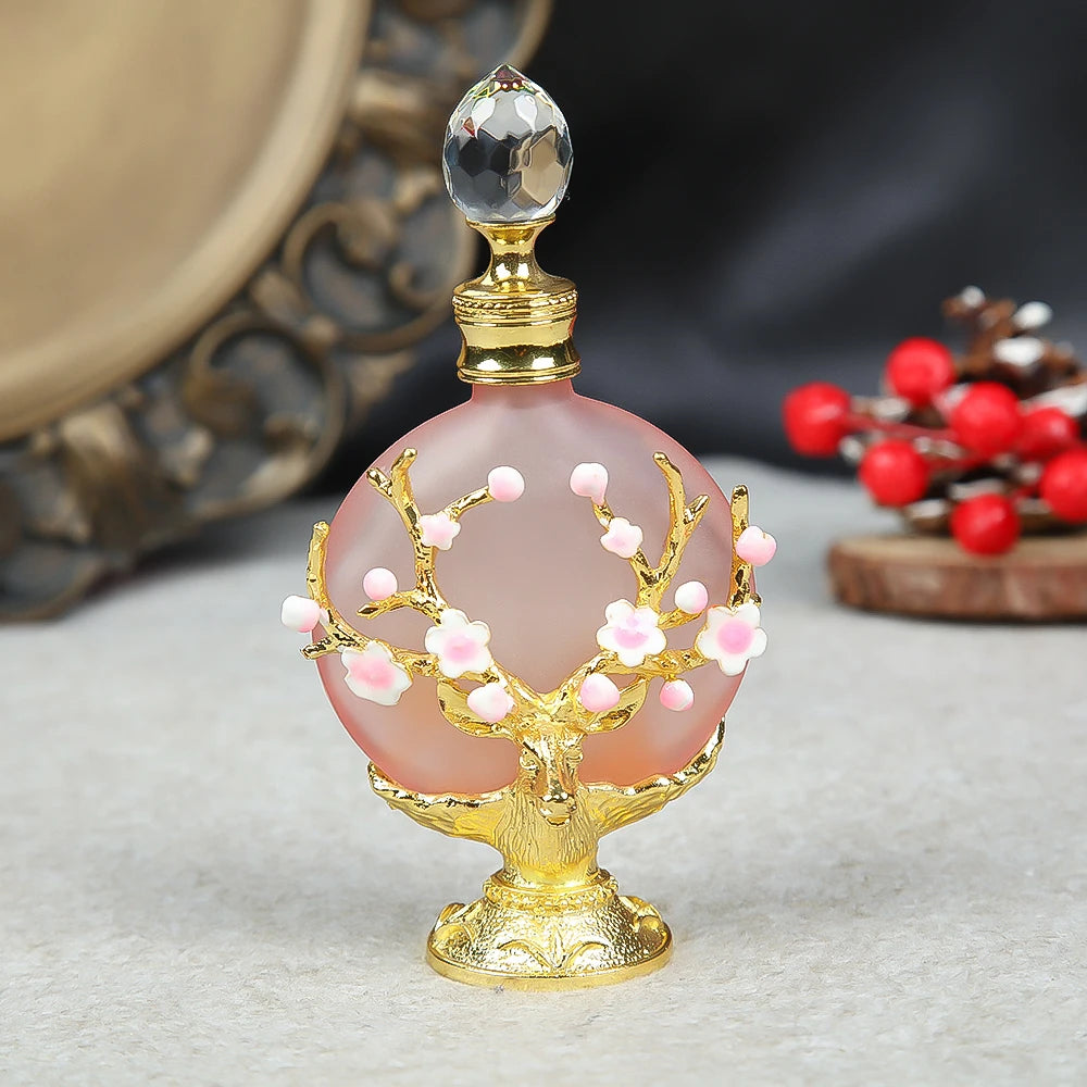 1pc Vintage Perfume Bottle 30ML/1oz Pink Glass 3D Enamel Antlers Plum Blossom Branch Clear Crystal Cap for Cologne Essential Oil