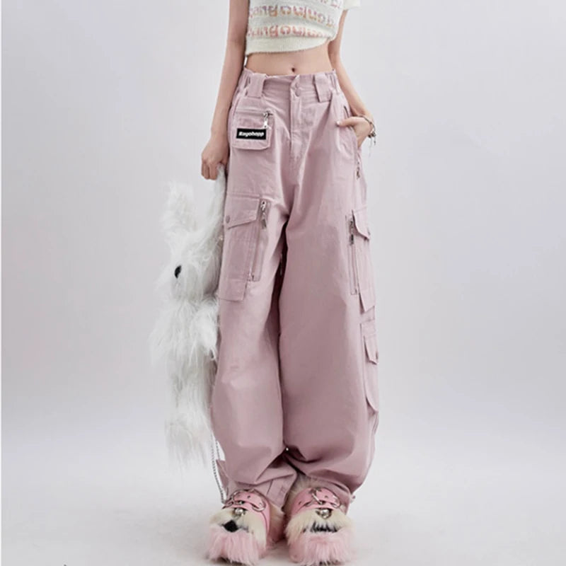 Women's Pink Cargo Pants Vintage Harajuku Y2k Aesthetic Loose Parachute Pants Oversize High Waist Baggy Trousers 2000s Clothes