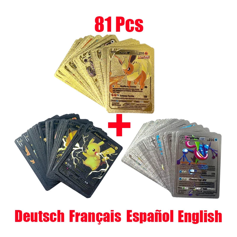 81Pcs Pokemon Francaise German Gold Cards Spanish English Foil Gold Rainbow Cards VMAX EX GX Card Vmax Gx Game Card Child Gifts