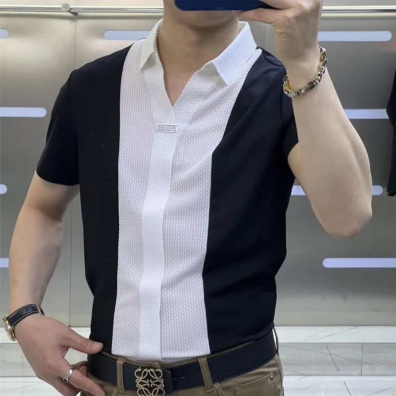 Business Office Casual Men's Polo-Neck Slim Shirt 2023 Trend Korean All-match Patchwork Short Sleeve Shirt Summer Male Clothes