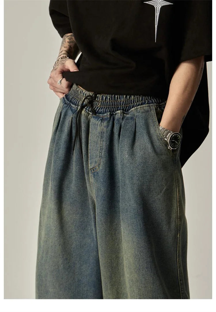 Fashion Jeans Men's Clothing Solid Color Wash Wide Leg Pants Elastic Waist Drawstring Pocket To Make Old Loose Trousers A053