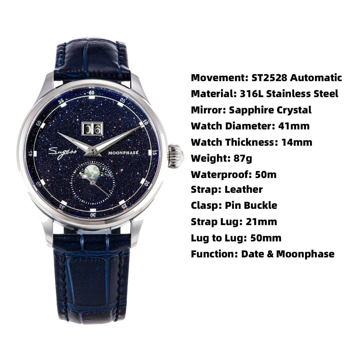 Sugess Moonphase Luxury Wristwatches 316L StainlessSteel Case Tianjin ST2528 Movement Gemstone Stars Dial Men's Wrist Watch Gift