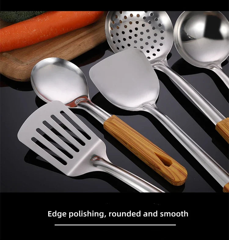 Stainless Steel Cookware Non-stick Pastry Spatula Wooden Handle Soup Ladle Rice Spoon Hot Pot Colander Kitchen Cooking Utensils