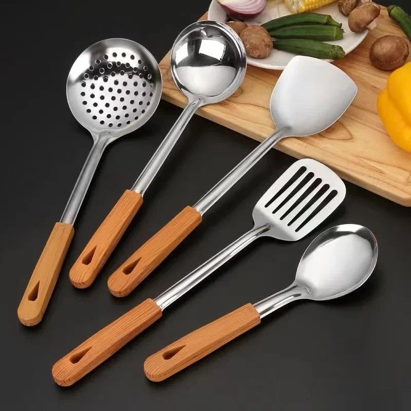 Stainless Steel Cookware Non-stick Pastry Spatula Wooden Handle Soup Ladle Rice Spoon Hot Pot Colander Kitchen Cooking Utensils